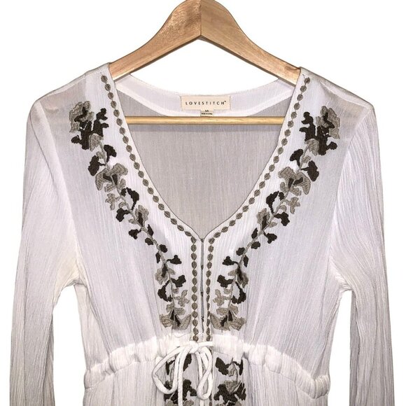 Lovestitch White Long Sleeve Tan Brown Floral Embroidered Flowy Maxi Dress M - Picture 4 of 7